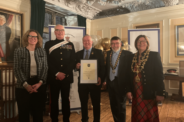 MP for Monmouthshire Catherine Fookes, Lieutenant Colonel Ralph Griffin, Councillor David Evans, Deputy Mayor, Rob Barrel and Mayor of Monmouth, Cllr Jackie Atkin.