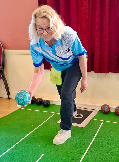 Linda Edgar, with pairs partner, Andrew Biggs, won 10 ends in a row to recover from 2-8 to win 22-8 in Dingestow’s victory over Caerwent. Photo: Haydn Holder