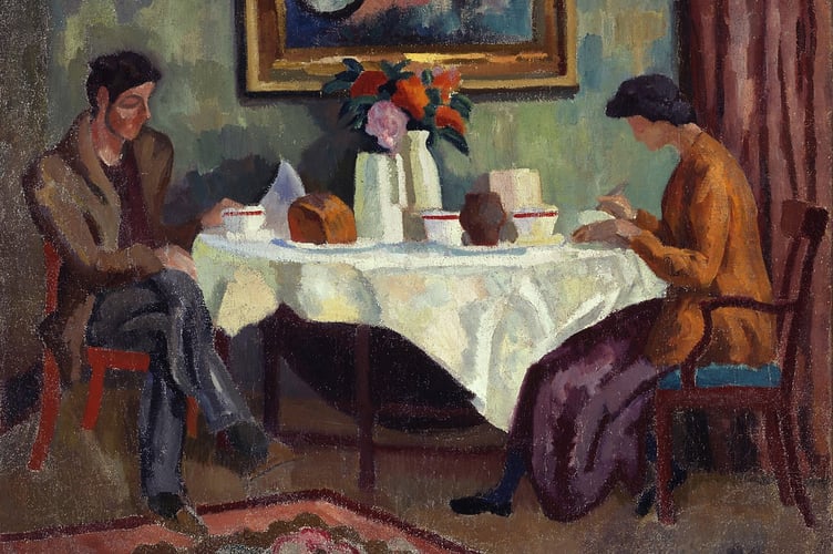 The Breakfast Table by Roger Fry, 1918, Vanessa Bell & Duncan Grant in the garden room at Charleston (