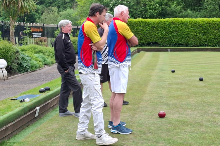 Monmouth Bowls Club captain Tom Williams and skip Sean Croudace contemplate strategy at Cross Keys. Photo: Haydn Holder 