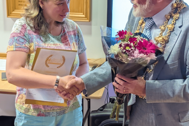 Briony Robinson and Mayor of Monmouth, Councillor Rob Barrell. 