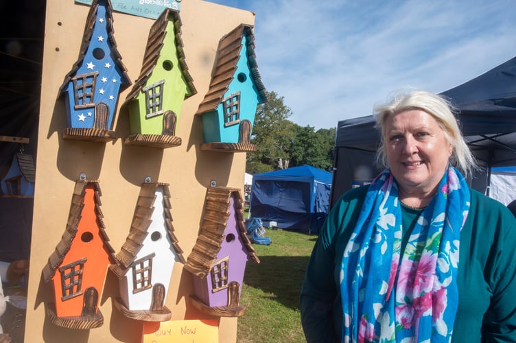 Roseanne Hadley with colourful birdhouses on the Dreycott Crafts stall.